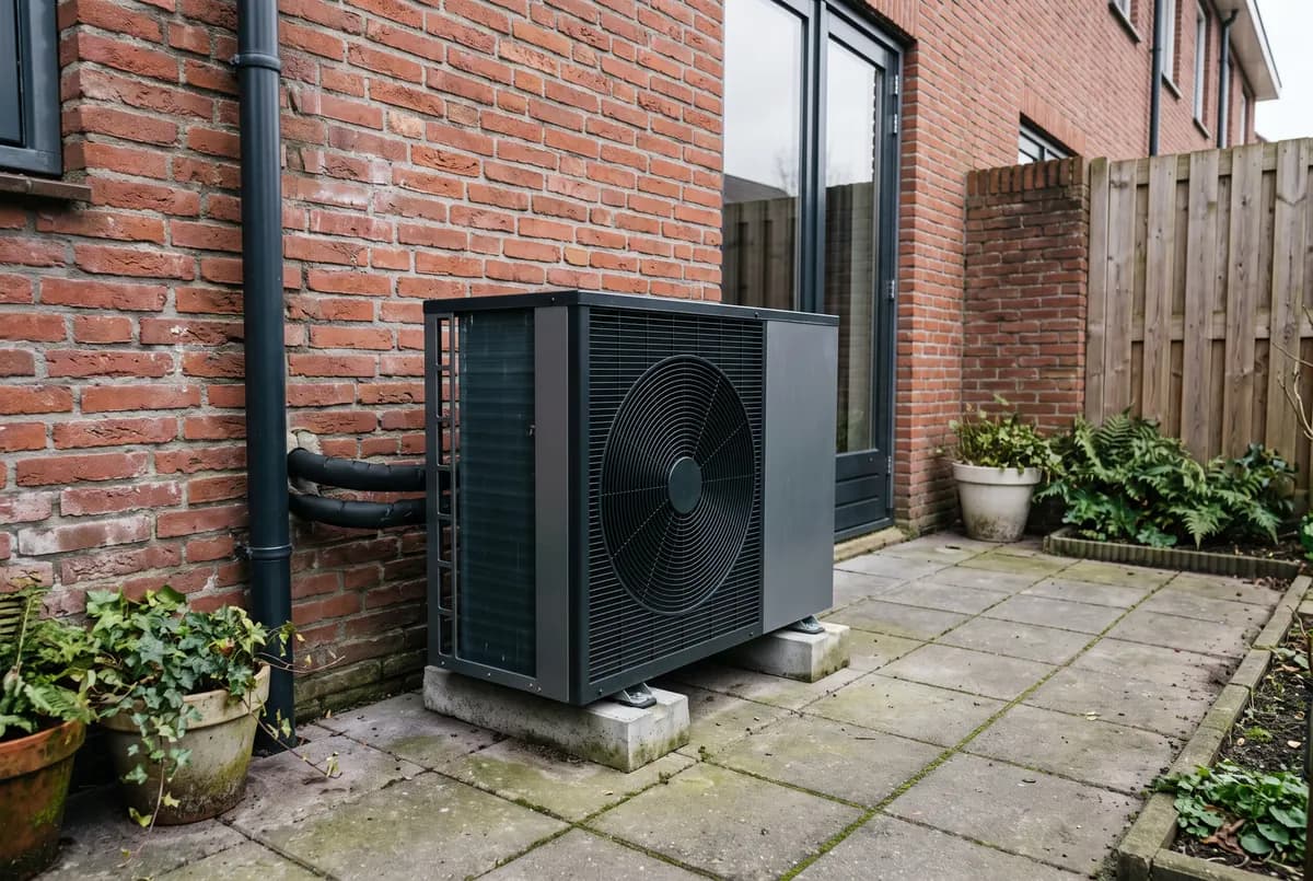 Buitenunit van een warmtepomp naast een bakstenen huis